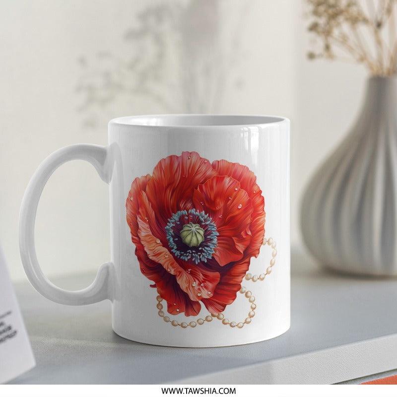 Red Poppy Flower Mug, Floral Coffee Cup, Pearl Art Mug, Flower Lover Gift, Botanical Mug, Decorative Mug, Gift For Her - Tawshia