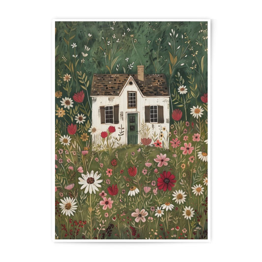 Floral Cottage Photographic Print, Whimsical House Art, Garden Home Decor, Flower Field Illustration, Cozy Cabin Artwork - Tawshia