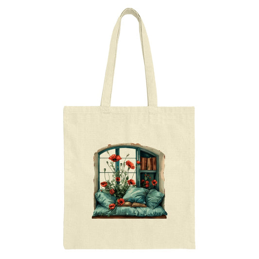 Poppies Window Tote Bag, Reading Nook Design, Cottagecore Aesthetic, Floral Tote Bag, Book Lover Gift, Unique Tote Bags - Tawshia