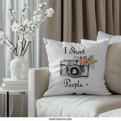 I Shoot People Pillow, Photographer Gift, Camera Pillow, Floral Design Pillow, Home Decor Pillow, Decorative Throw Pillow - Tawshia