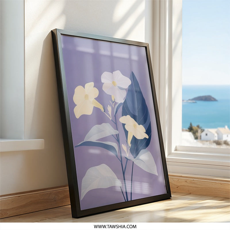 Floral Wall Art, Trumpet Flower Print, Botanical Art Print, Yellow Flowers Decor, Purple Background, Nature Inspired Wall Decor - Tawshia