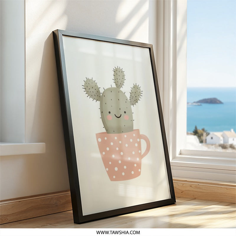 Cactus Wall Art, Cute Plant Print, Teacup Art, Desert Decor, Smiling Cactus, Nursery Art, Kids Room Art, Printable Wall Art - Tawshia