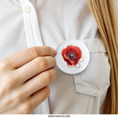 Red Poppy Pinback Button, Floral Pearl Jewelry Accessory, Elegant Flower Badge, Botanical Gift Idea, Stylish Pin Button, Unique Button - Tawshia