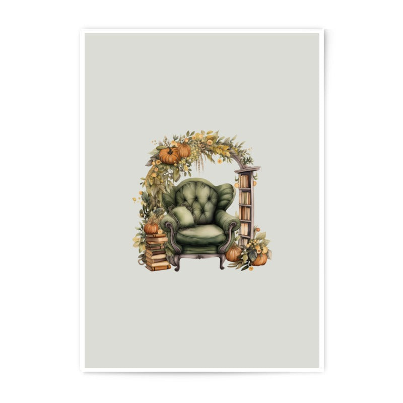 Autumn Reading Photographic Prints, Cozy Home Decor, Fall Illustration, Pumpkin Season Art, Book Lover Gift, Wingback Chair Prints - Tawshia