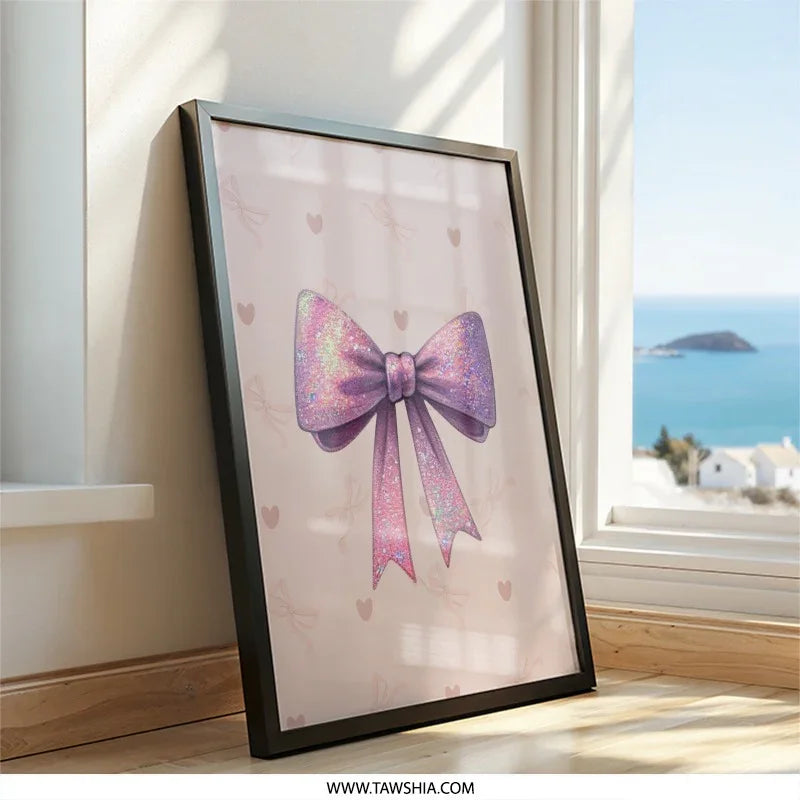 Sparkly Bow Framed Wall Art, Pink Bow Print, Girl Room Decor, Cute Bow Art, Nursery Art, Baby Shower Gift, Pink Decor, Bows and Hearts - Tawshia