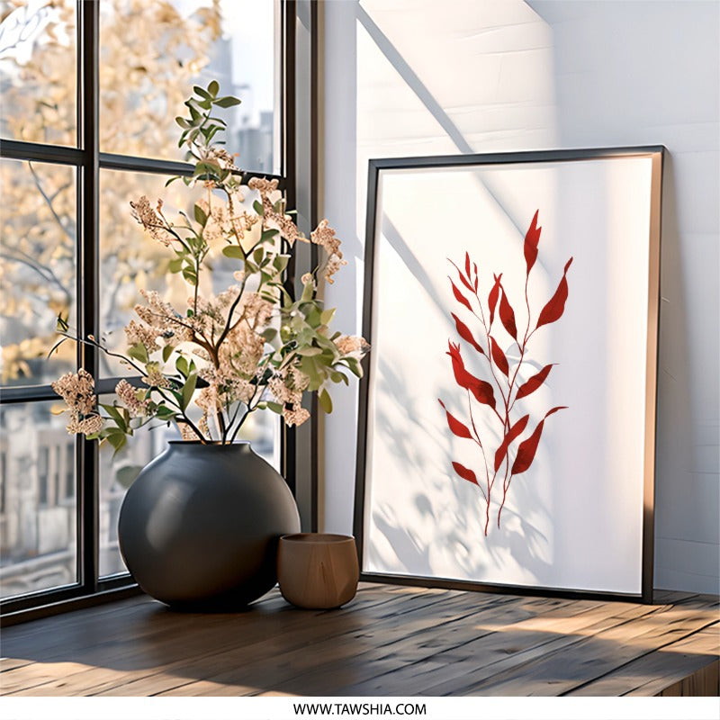 Red Leaves Wall Art, Botanical Print, Minimalist Art, Modern Home Decor, Plant Illustration, Elegant Wall Decor, Nature Inspired Print - Tawshia