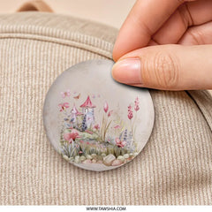 Fairy Castle Pinback Button, Magical Garden, Watercolor Style, Cute Butterflies, Dreamy Gift, Floral Scene - Tawshia