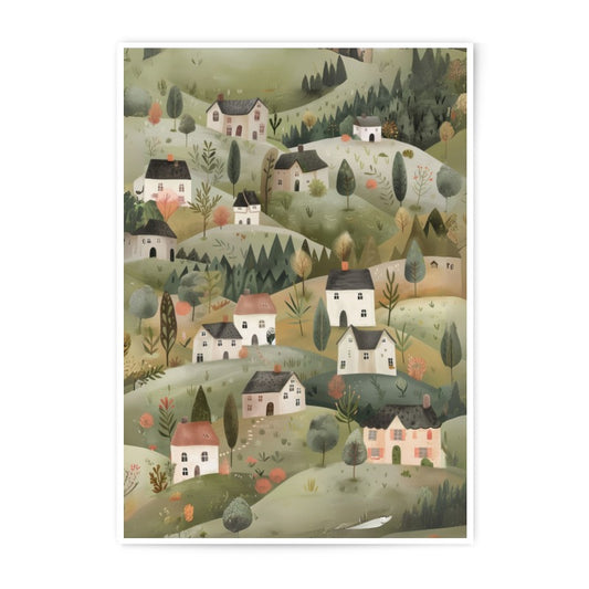 Village Photographic Print, Cottagecore Art Print, Hillside Home Decor, Whimsical Landscape, Countryside Wall Art, Unique House Portrait - Tawshia