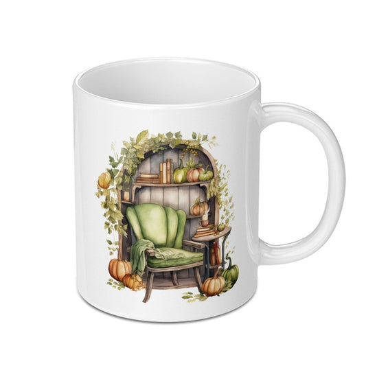 Autumn Cozy Chair Mug, Fall Decor Mug, Pumpkin Decor Mug, Cozy Fall Mug, Book Lover Mug, Home Decor Mug, Reading Nook Mug, Gift Mug - Tawshia