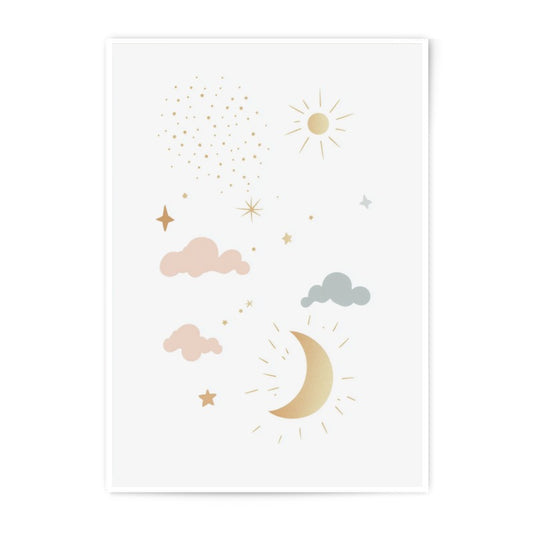 Celestial Photographic Print, Nursery Wall Art, Moon Star Art Print, Cloud Decor, Baby Room Print, Gold Celestial Art, Whimsical Art - Tawshia