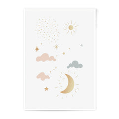 Celestial Photographic Print, Nursery Wall Art, Moon Star Art Print, Cloud Decor, Baby Room Print, Gold Celestial Art, Whimsical Art - Tawshia