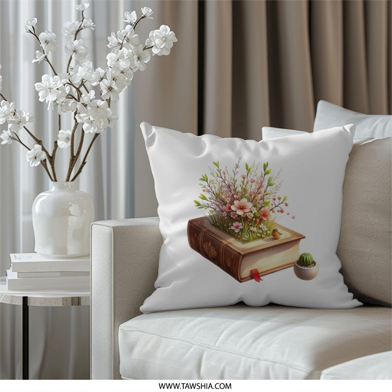 Floral Book Pillow, Cute Bird Decor Pillow, Unique Book Lover Gift Pillow, Spring Flowers Reading Pillow, Bookish Home Decor - Tawshia