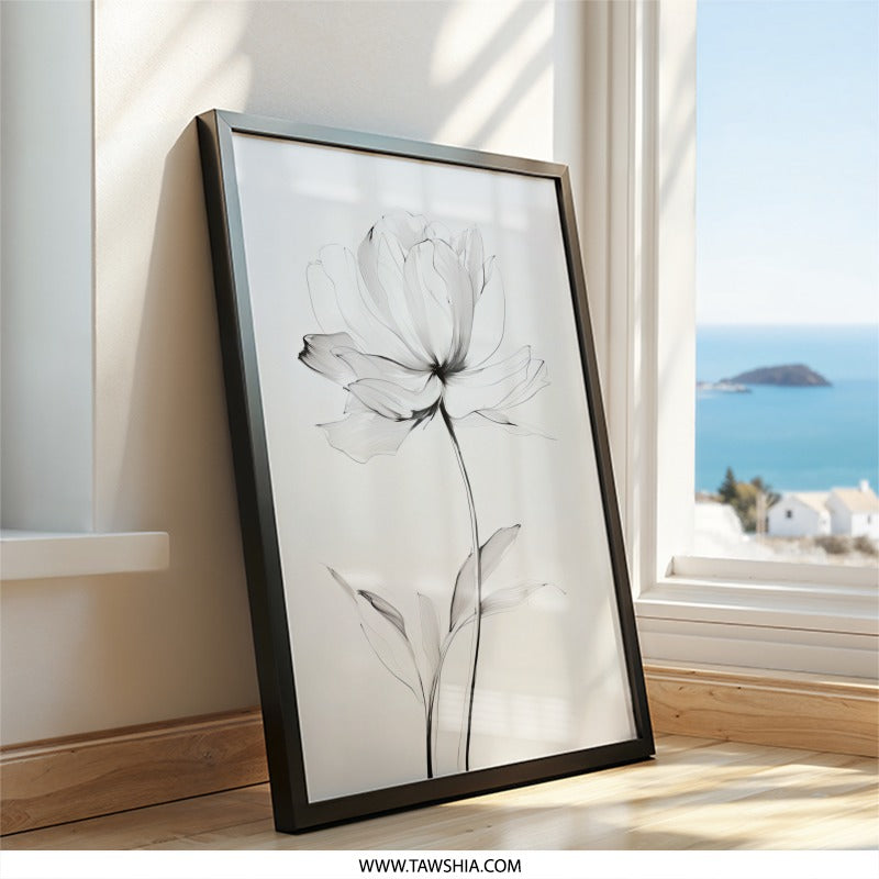 Elegant Floral Wall Art, Black and White Flower Print, Modern Botanical Art, Minimalist Home Decor, Stylish Floral Drawing - Tawshia