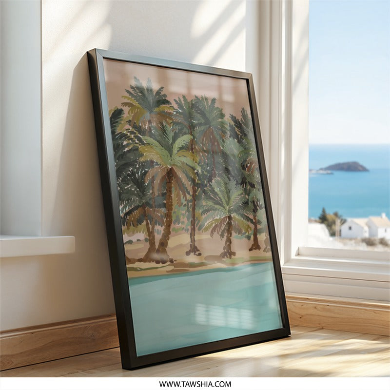 Tropical Palm Tree Wall Art, Beach Landscape Print, Oasis Painting Poster, Coastal Decor, Summer Art Print, Vacation Vibes Artwork - Tawshia