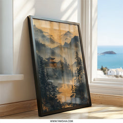 Japanese Temple Wall Art, Asian Landscape Art, Mountain Scene Print, Pagoda Art Print, Zen Decor, Home Decor, Framed Art, Wall Decor - Tawshia