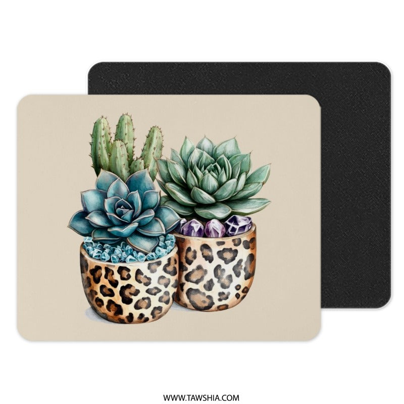 Leopard Print Succulent Mouse Pad, Cactus Mousepad, Botanical Art Desk Accessory, Stylish Work from Home Decor, Trendy Office Gift - Tawshia