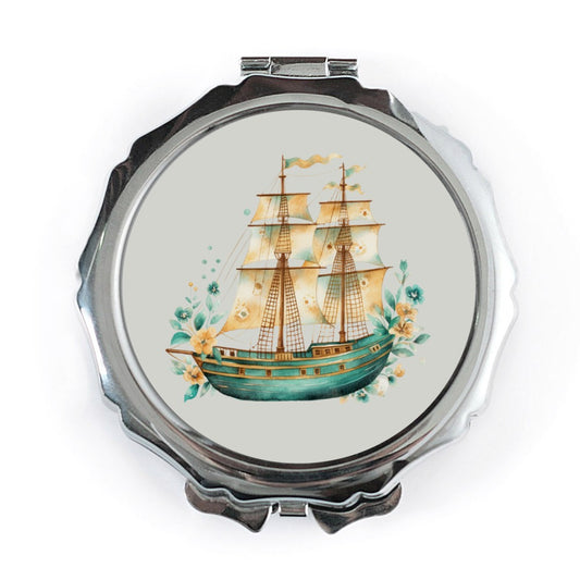 Teal Sailing Ship Pocket Mirror, Floral Ocean Voyage Compact, Vintage Vessel Watercolor Art, Nautical Gift for Sailor, Traveler Mirror - Tawshia
