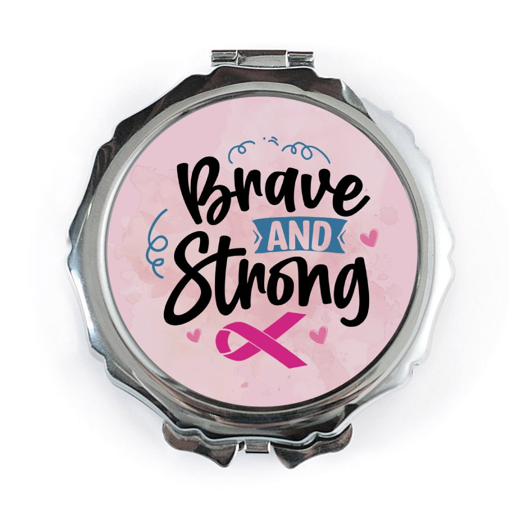 Brave Strong Mirror, Pink Ribbon Mirror, Cancer Awareness Mirror, Support Gift, Inspirational Mirror, Pocket Mirror, Compact Mirror - Tawshia