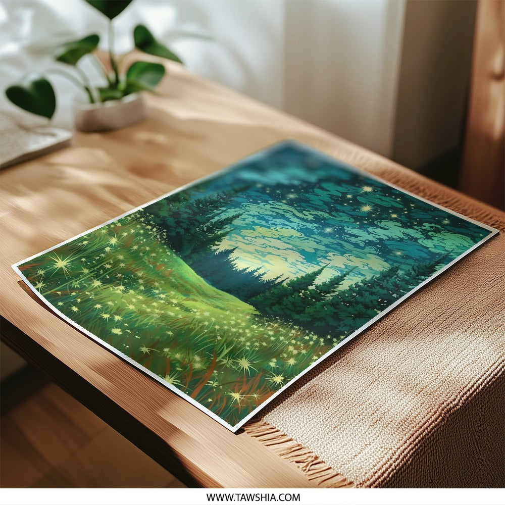 Night Sky Meadow Photographic Print, Starry Night Landscape Art, Forest Photography, Dreamy Nature Print, Wall Art Decor - Tawshia