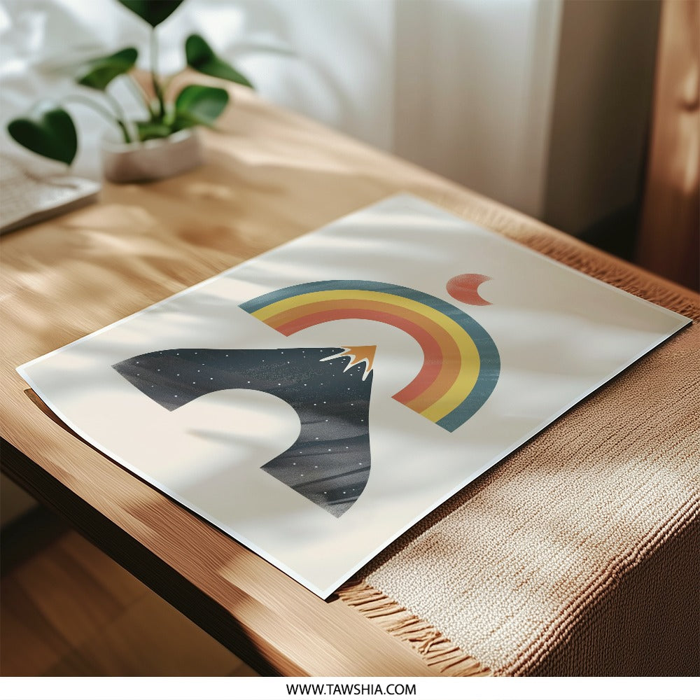 Boho Mountain Rainbow Photographic Print, Modern Wall Art Decor, Geometric Landscape Print, Abstract Mountain, Kids Room Print - Tawshia
