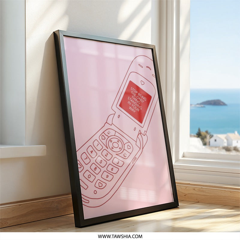 Flip Phone Wall Art, Motivational Quote Print, Y2K Aesthetic Decor, Stop Being Your Only Obstacle, Pink Red Wall Hanging - Tawshia