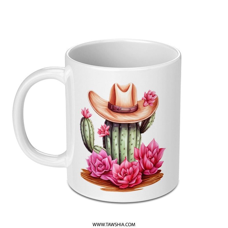 Cactus Cowboy Mug, Desert Flower Coffee Mug, Western Style Mug, Unique Mug Gift, Pink Flower Mug, Cowboy Hat Mug, Novelty Mug - Tawshia