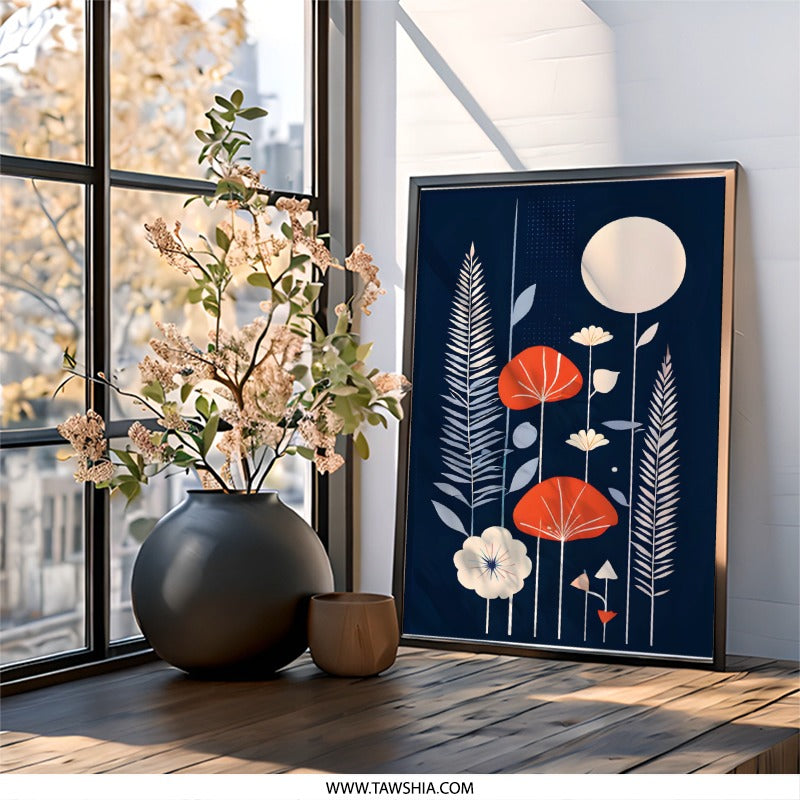Abstract Floral Wall Art, Botanical Print, Modern Art Print, Flower Wall Decor, Nature Inspired Art, Navy Blue and Orange Wall Art - Tawshia