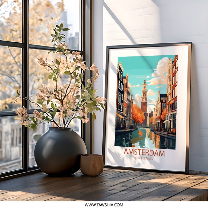 Amsterdam Wall Art Print, Netherlands Art, Cityscape Painting, Canal View Decor, Travel Poster, Home Decor, Modern Wall Decor - Tawshia