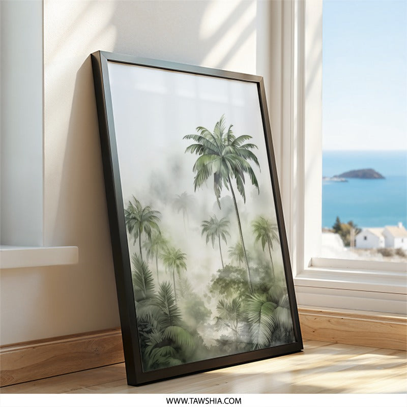 Tropical Palm Tree Wall Art, Lush Jungle Print, Botanical Wall Decor, Exotic Landscape Painting, Foggy Palm Trees, Tropical Forest - Tawshia