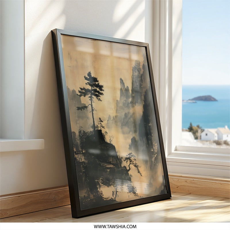 Oriental Mountain Wall Art, East Asian Landscape Print, Foggy Mountain Scene, Serene Nature Wall Decor, Zen Art, Calming Home Decor - Tawshia