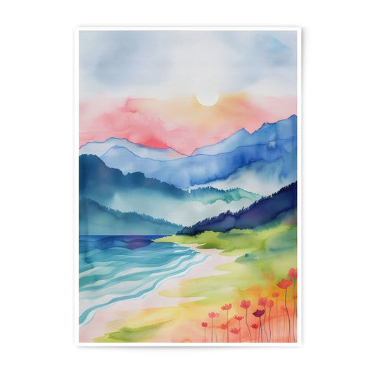 Watercolor Landscape Photographic Print, Mountain Beach Art Print, Coastal Home Decor, Dreamy Nature Print, Gift Idea - Tawshia