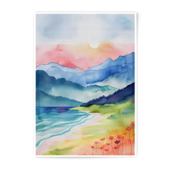 Watercolor Landscape Photographic Print, Mountain Beach Art Print, Coastal Home Decor, Dreamy Nature Print, Gift Idea - Tawshia