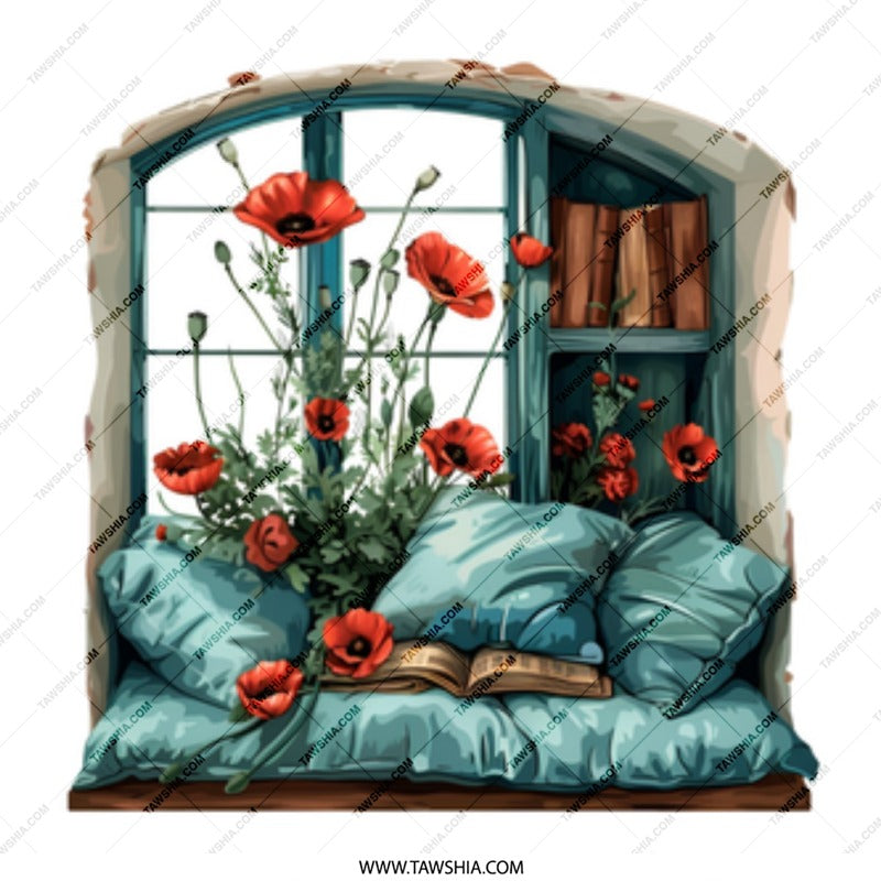 Window Seat Mug, Poppies and Books, Cozy Reading Nook Gift, Book Lover Present, Floral Mug, Literary Mug, Readers Gift, Home Decor - Tawshia