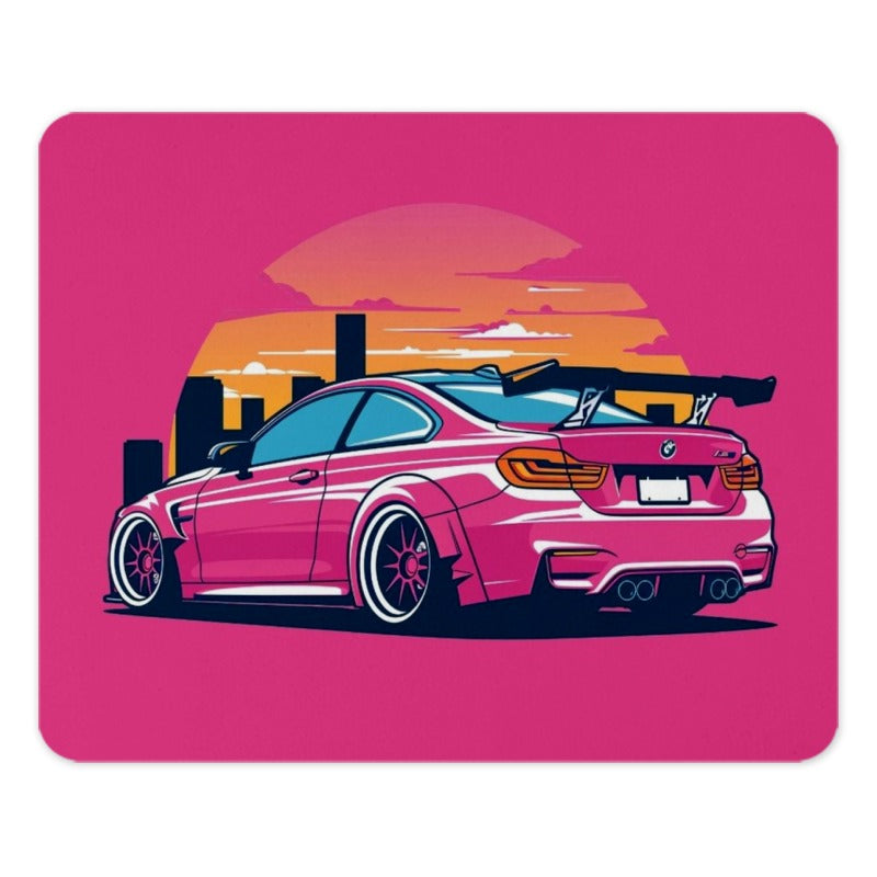 Pink BMW M4 Mouse Pad, JDM Car Art, Automotive Gift, Tuner Culture, Cityscape Sunset, Unique Desk Accessory - Tawshia