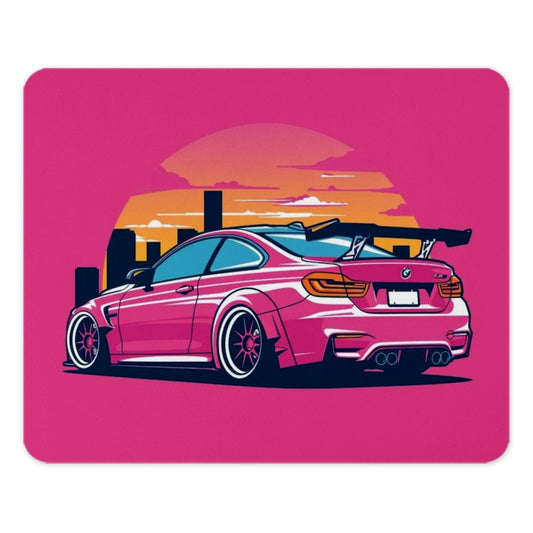 Pink BMW M4 Mouse Pad, JDM Car Art, Automotive Gift, Tuner Culture, Cityscape Sunset, Unique Desk Accessory - Tawshia