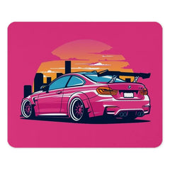 Pink BMW M4 Mouse Pad, JDM Car Art, Automotive Gift, Tuner Culture, Cityscape Sunset, Unique Desk Accessory - Tawshia