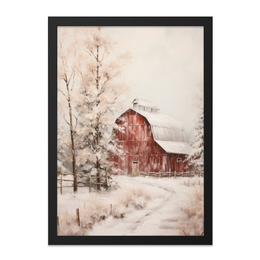 Red Barn Winter Wall Art, Farmhouse Scenery Print, Snowy Landscape Painting, Rustic Home Decor, Country Wall Art - Tawshia