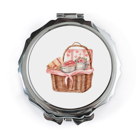 Picnic Pocket Mirror, Basket Mirror, Hearts Compact Mirror, Travel Mirror, Aesthetic Makeup Mirror, Cottagecore Gift, Cute Handbag Mirror - Tawshia