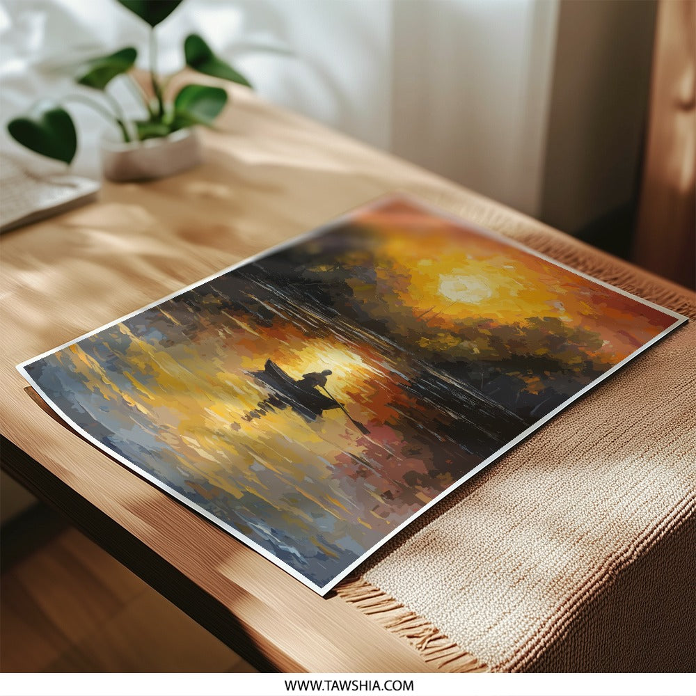 Sunset River Photographic Print, Boat Art, Landscape Photography, Nature Wall Decor, Home Decor, Fine Art Print - Tawshia