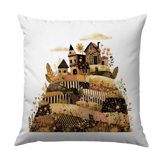 Whimsical Village Pillow, Hillside Homes Design, Unique Home Decor, Artistic Accent Pillow, Charming Illustration Pillow - Tawshia