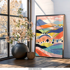 Colorful Landscape Wall Art, Abstract Mountain Print, Modern Countryside Painting, Scenic Field Illustration, Home Decor Wall Art - Tawshia