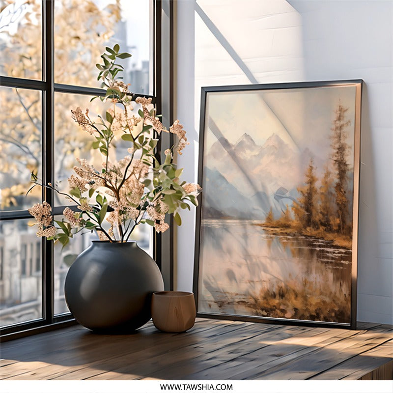 Mountain Lake Wall Art, Landscape Painting Print, Scenic Nature Art, Serene Lake Scene, Mountain Wall Decor, Home Decor, Wall Hanging - Tawshia