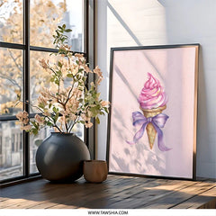 Ice Cream Framed Wall Art, Pink Dessert Decor, Sweet Treat Print, Bow Art, Kitchen Wall Art, Foodie Gift, Pastel Wall Art, Nursery Decor - Tawshia
