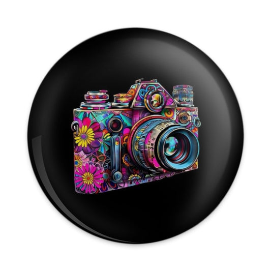 Floral Camera Pinback Button, Colorful Vintage Photography Badge, Hippie Style Button, Retro Flower Power, Camera Lover Gift, Trendy Cute - Tawshia