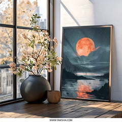 Blood Moon Lake Wall Art, Night Landscape Print, Fantasy Scene, Modern Home Decor, Celestial Wall Decor, Unique Gift Idea - Tawshia