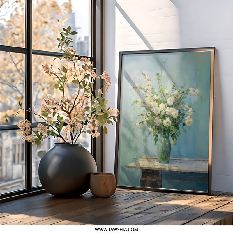 White Flowers Wall Art, Floral Still Life Print, Botanical Home Decor, Flower Arrangement Art, Elegant Wall Hanging, Gallery Wall Art - Tawshia