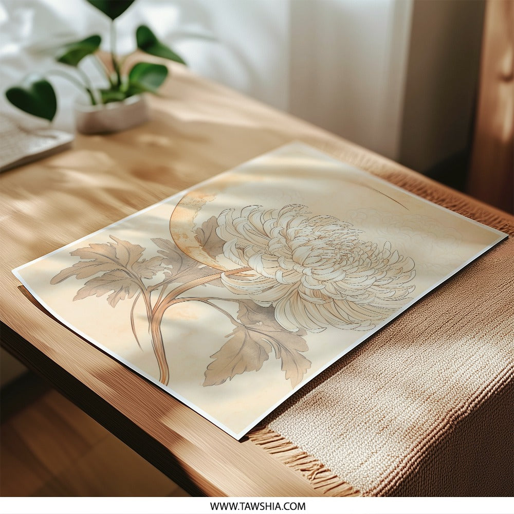 Chrysanthemum Photographic Print, Moon Art Print, Floral Wall Decor, Beige Art, Celestial Home Decor, Flower Print, Botanical Illustration - Tawshia