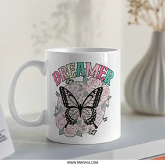 Dreamer Butterfly Floral Mug, Leopard Print, Boho Coffee Cup, Inspirational Tea Mug, Cute Gift Idea (120 chars) - Tawshia
