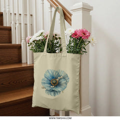 Blue Poppy Tote Bag, Floral Tote, Pearl Accent Tote, Elegant Tote, Stylish Shopping Bag, Flower Gift Idea, Unique Tote Bag - Tawshia