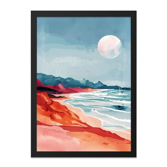 Coastal Landscape Wall Art, Watercolor Seascape Print, Modern Beach House Decor, Moon Art Print, Relaxing Coastal Art, Nature Wall Decor - Tawshia